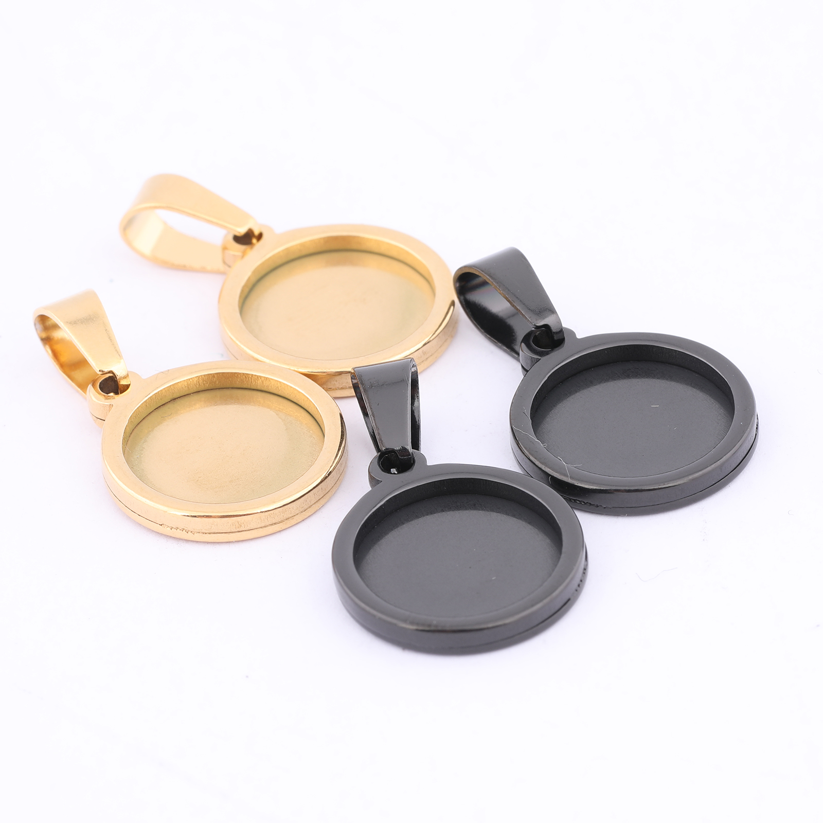 Bezels Set Pendant - 10pcs Gold Plated Black 12mm Round