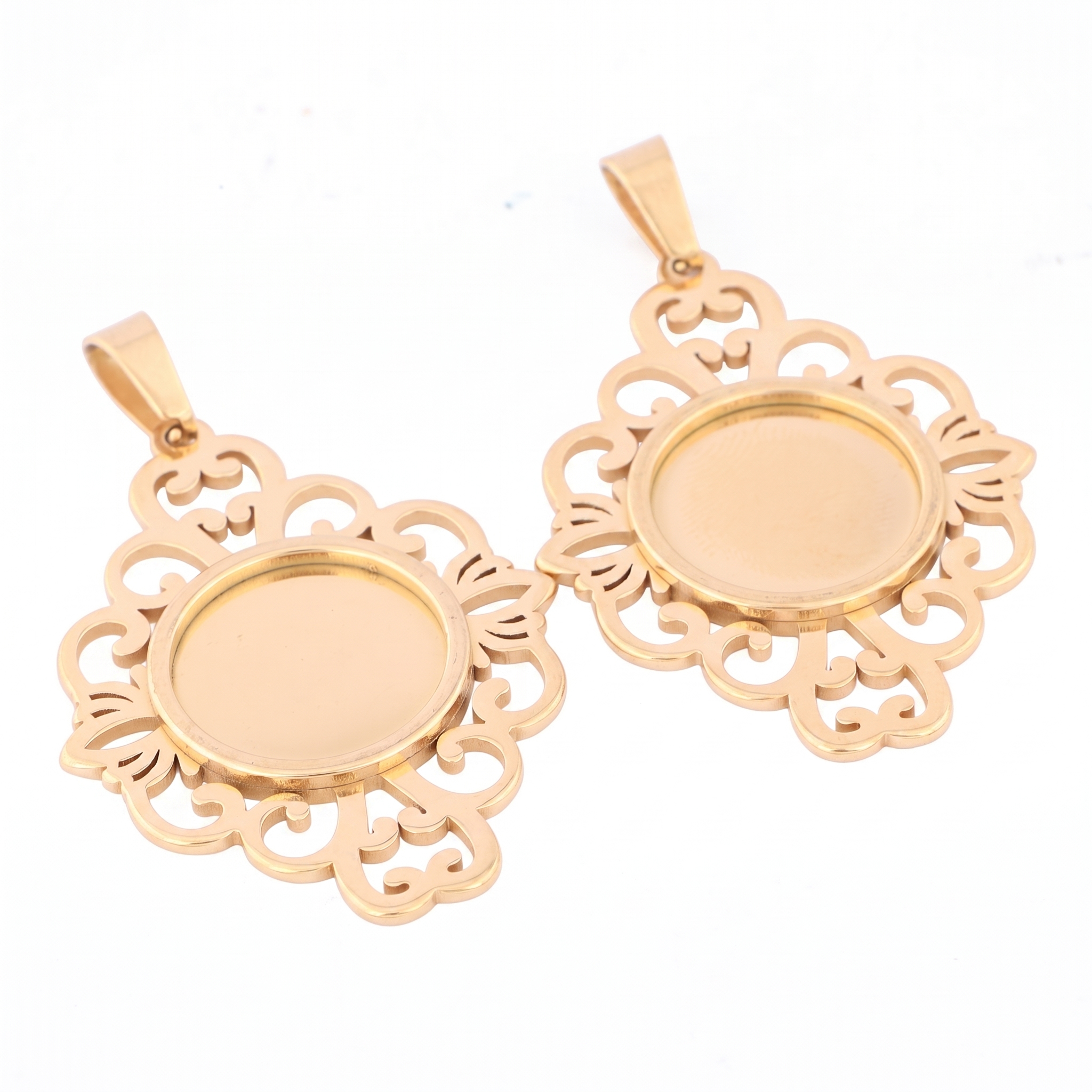Bezels Set Pendant - 5pcs Stainless Steel Filigree Flower Cabochon
